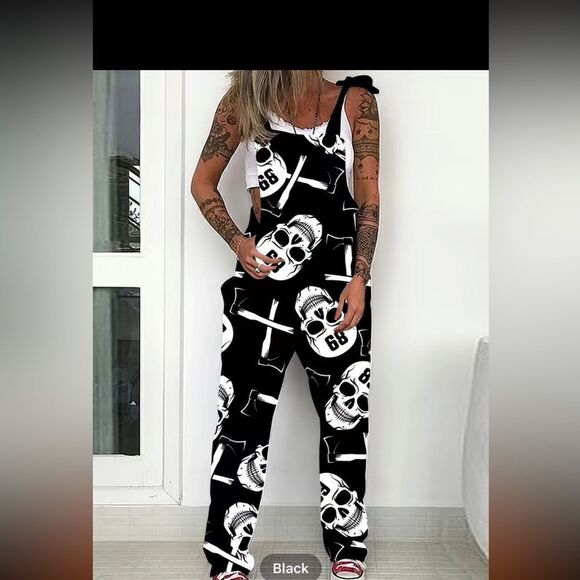 skull,overalls Pants - Lightweight skull,overalls with tie shoulders front pocket silky feel for summer